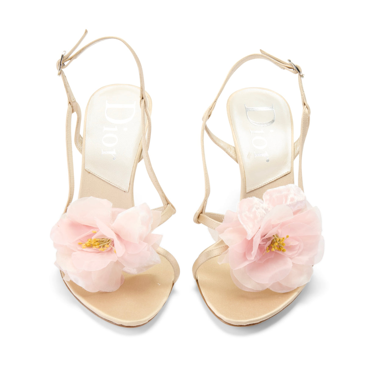 dior silk satin vintage cream beige slingback sandal heels pink flower floral IT 37 US 7 UK 4