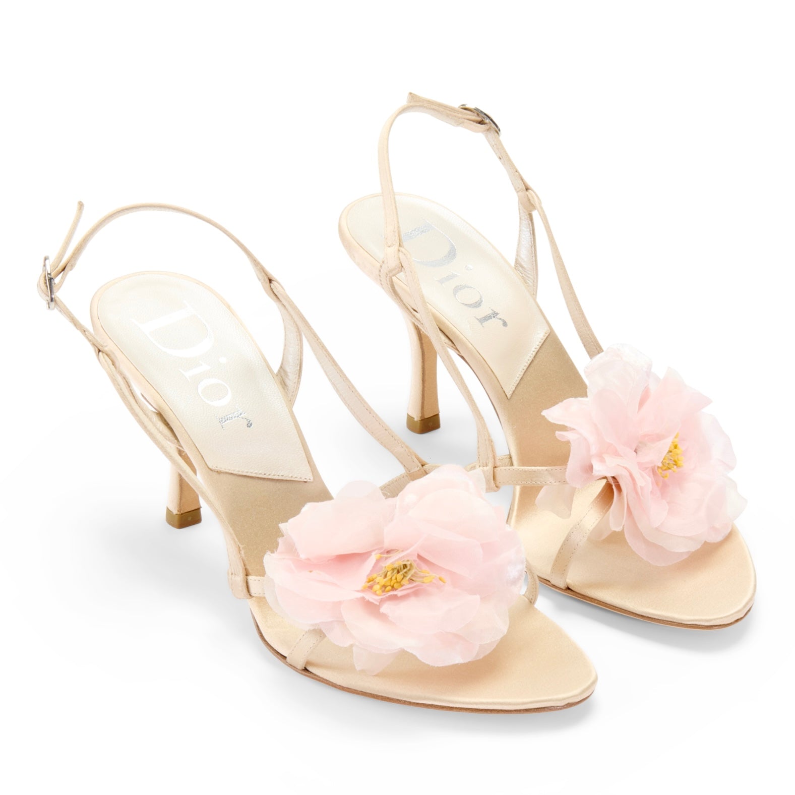 dior silk satin vintage cream beige slingback sandal heels pink flower floral IT 37 US 7 UK 4