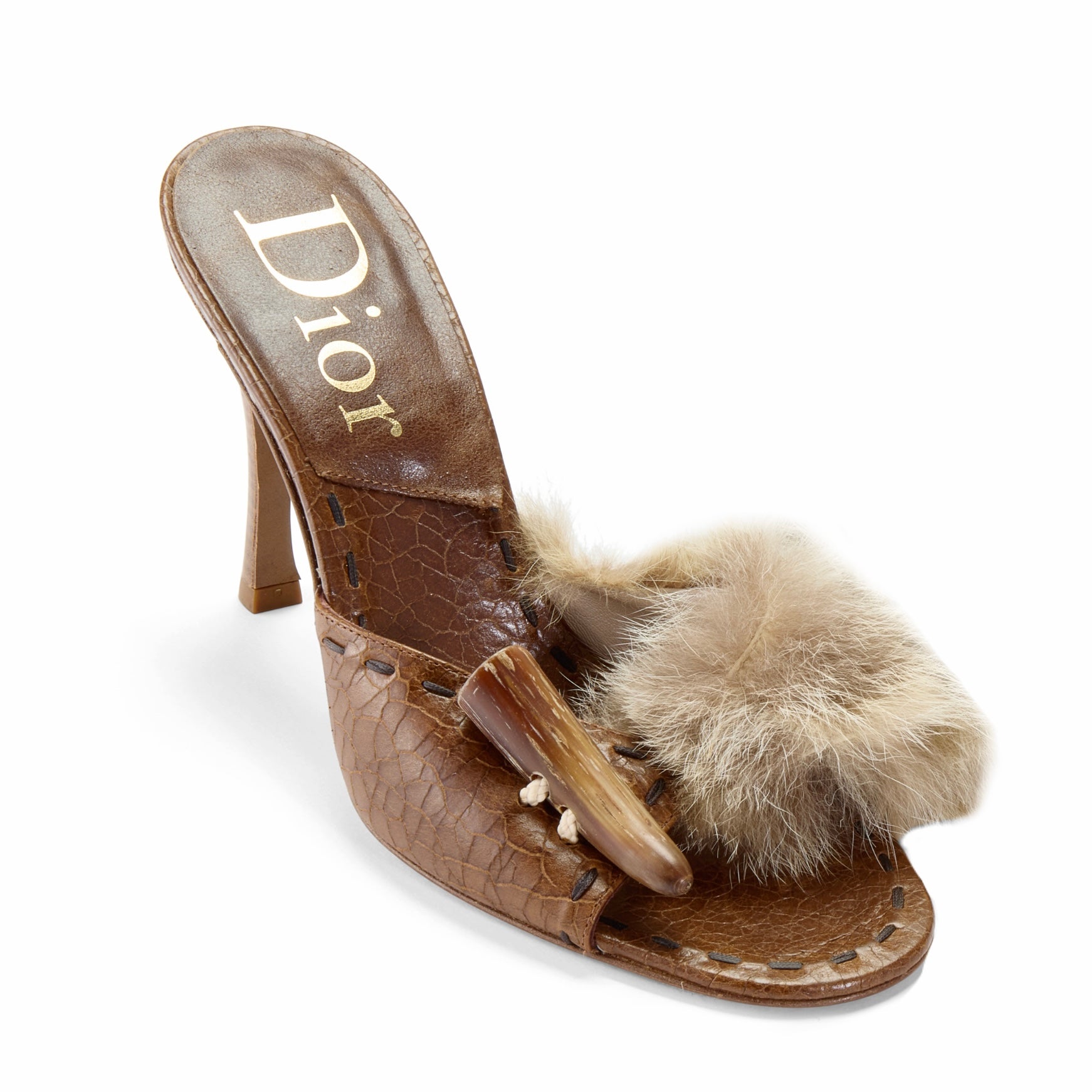 christian dior john galliano brown fur leather tooth horn 2003 2004 vintage rare heels IT 38.5 US 8.5 UK 5.5