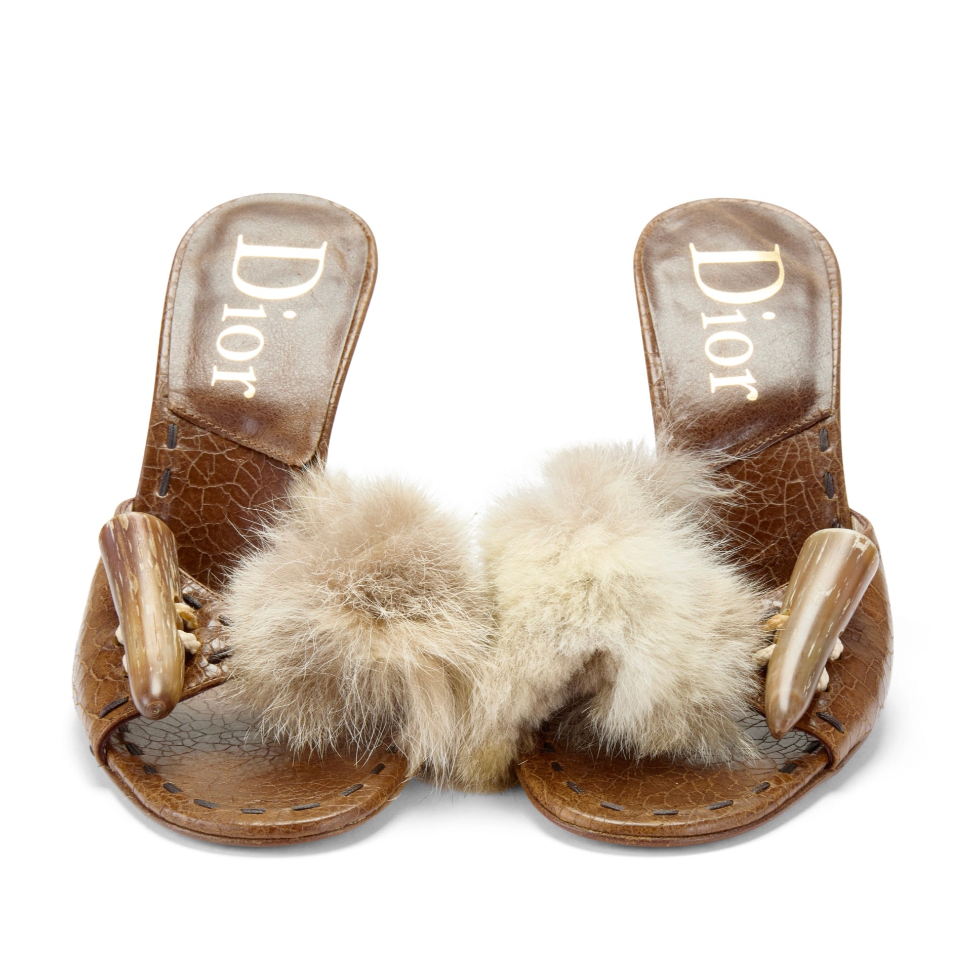 christian dior john galliano brown fur leather tooth horn 2003 2004 vintage rare heels IT 38.5 US 8.5 UK 5.5