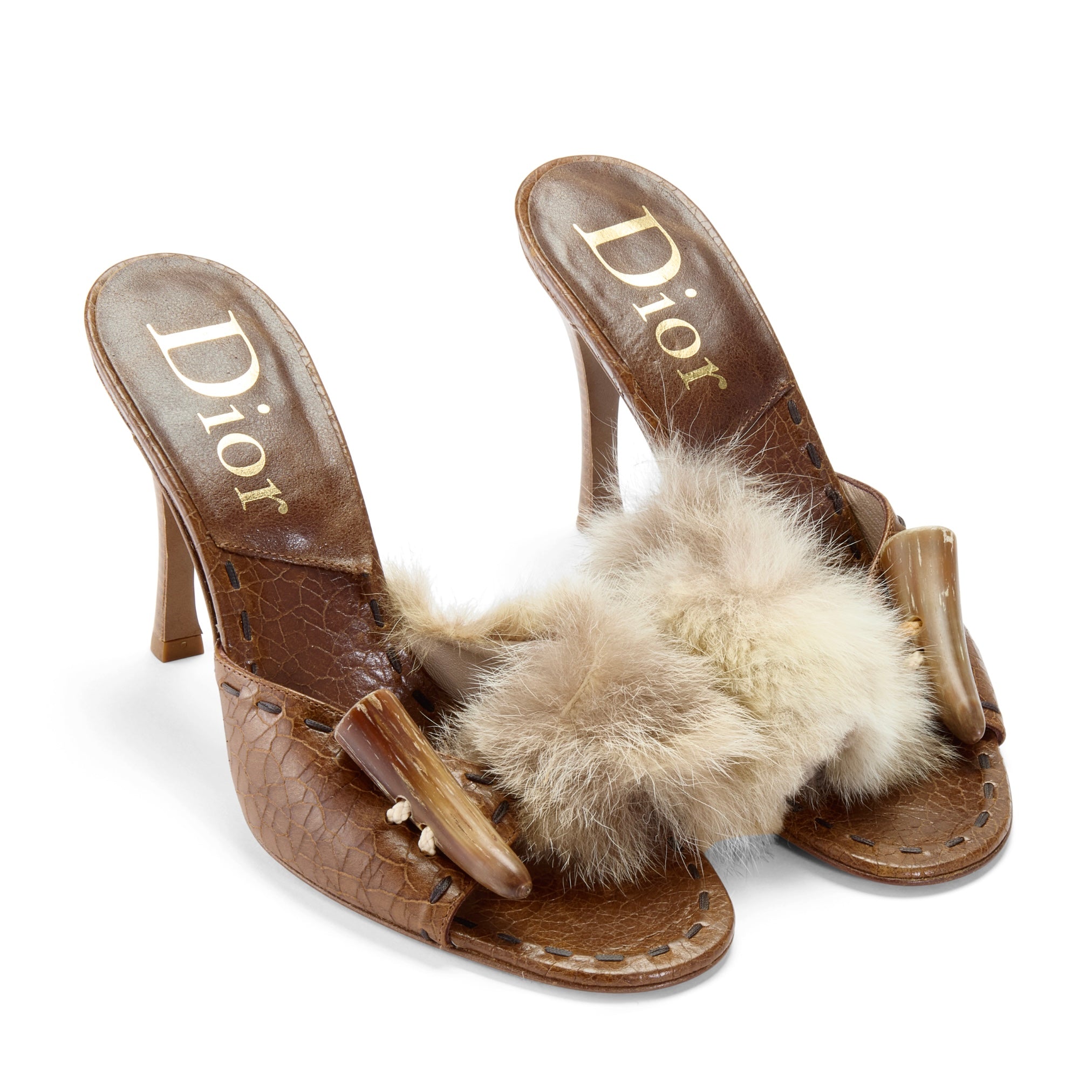 christian dior john galliano brown fur leather tooth horn 2003 2004 vintage rare heels IT 38.5 US 8.5 UK 5.5