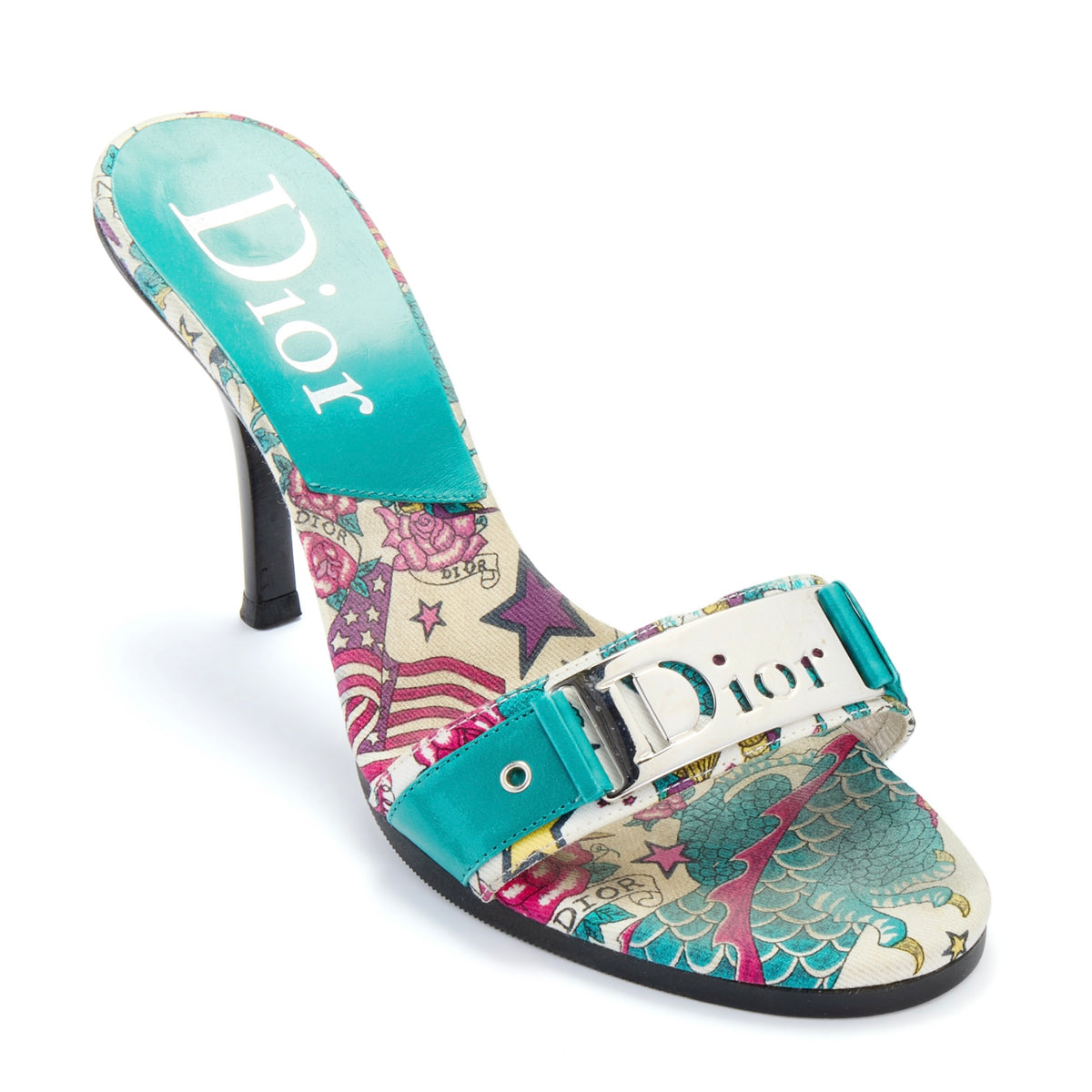 christian dior john galliano vintage sandal heels blue tattoo silver buckle rare tattoo IT 37.5 US 7.5 UK 4.5