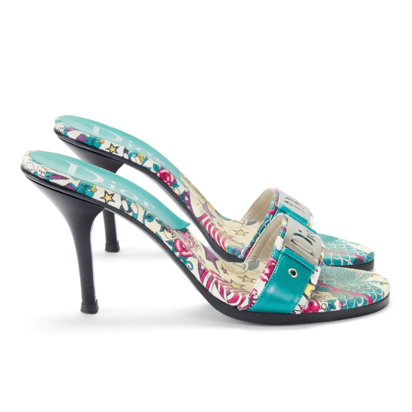 christian dior john galliano vintage sandal heels blue tattoo silver buckle rare tattoo IT 37.5 US 7.5 UK 4.5