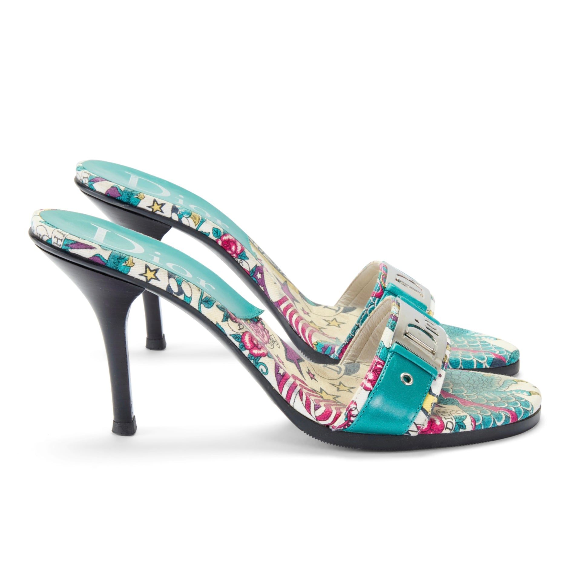 christian dior john galliano vintage sandal heels blue tattoo silver buckle rare tattoo IT 37.5 US 7.5 UK 4.5