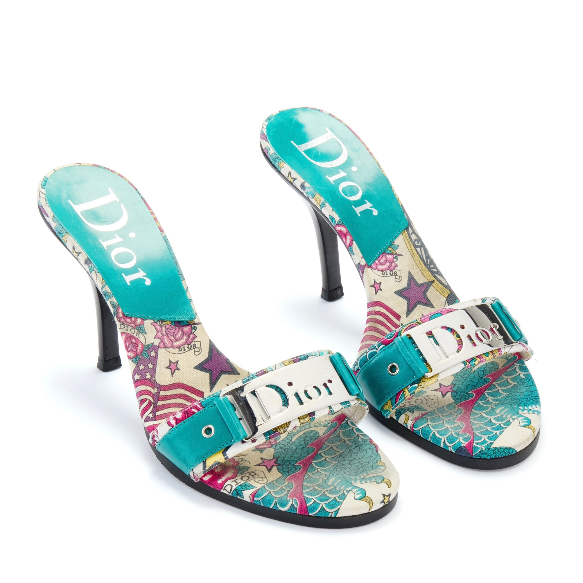 christian dior john galliano vintage sandal heels blue tattoo silver buckle rare tattoo IT 37.5 US 7.5 UK 4.5