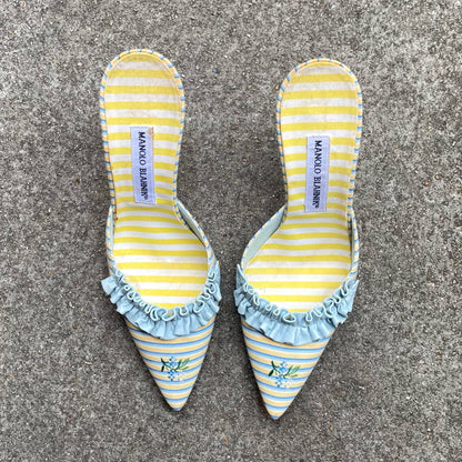 Manolo Blahnik 2000s Marie Antoinette Yellow Blue Ruffle Floral Mule Heels