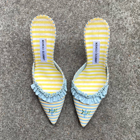 Manolo Blahnik 2000s Marie Antoinette Yellow Blue Ruffle Floral Mule Heels