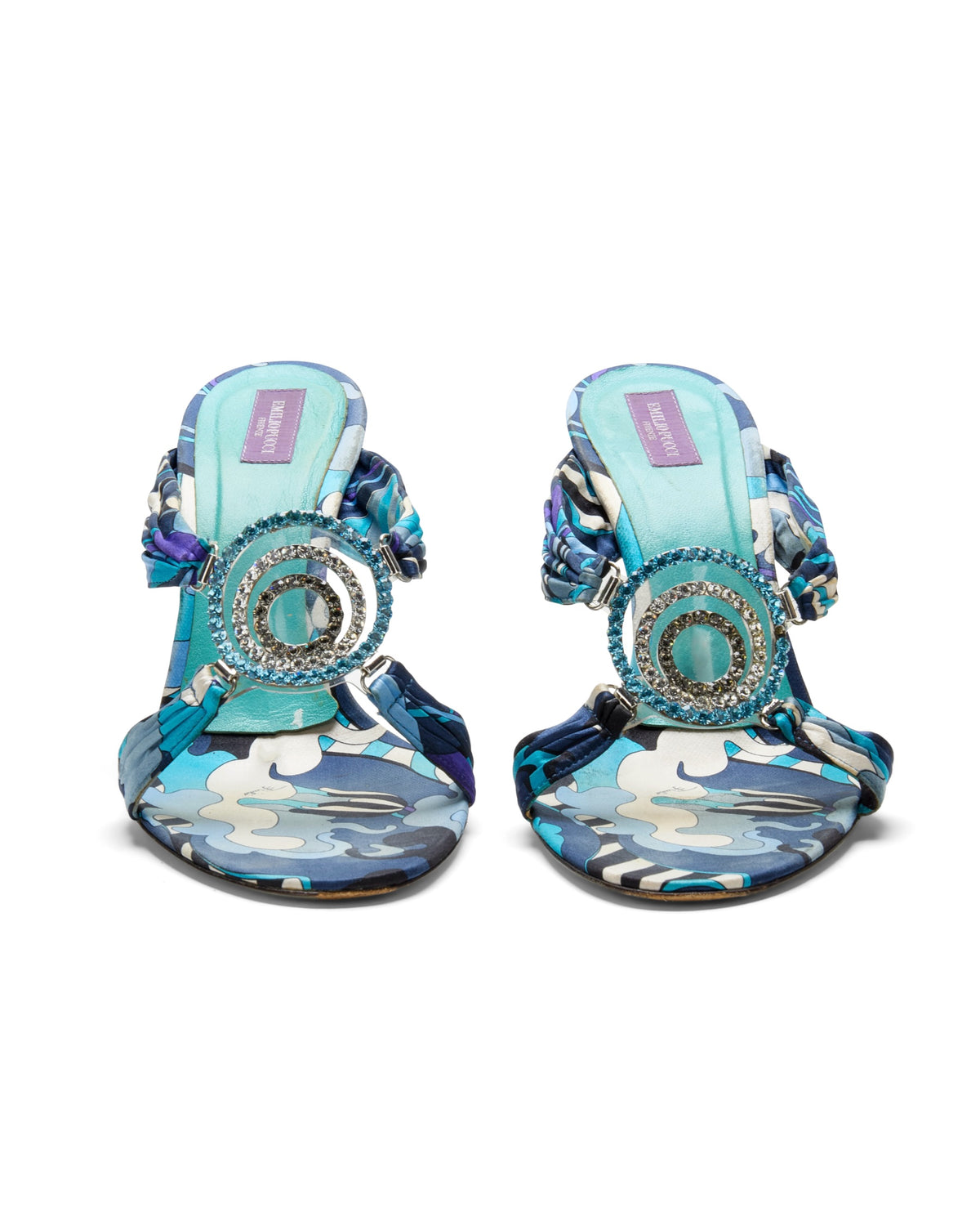 2000s Jeweled Blue Abstract Print Silk Heels