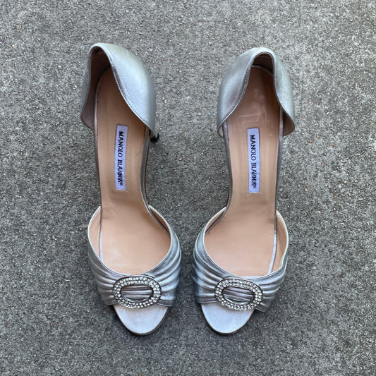 Manolo Blahnik 2000s Silver Rhinestone Buckle D’Orsay Heels