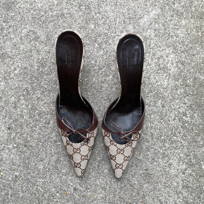 Gucci “GG” Monogram Canvas Beige & Brown Mule Heels