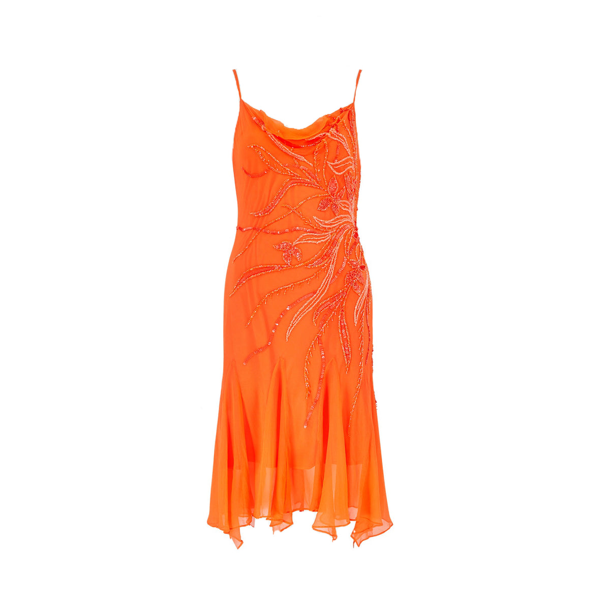 French Brand 100% Silk Orange Beaded Dress With Scarf