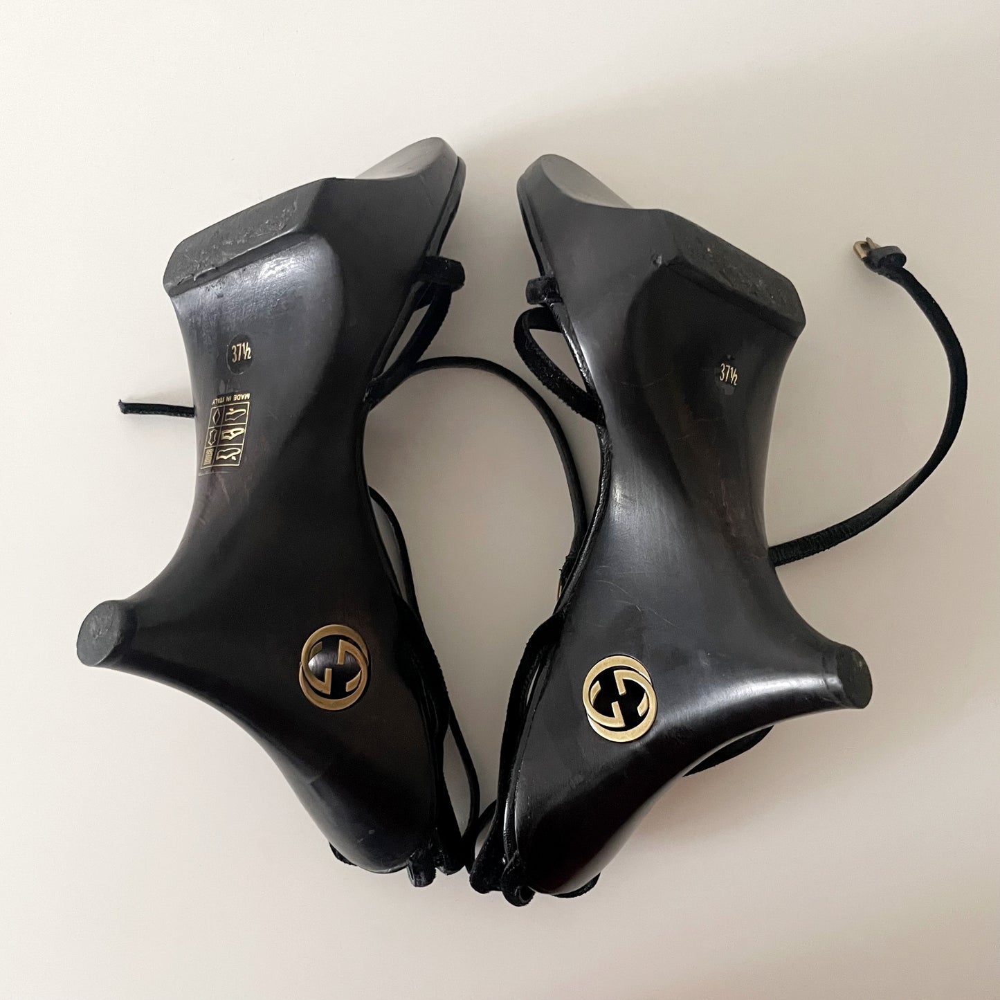 Gucci by Tom Ford 1996 “GG” Black Wood & Velvet Wedge Heels