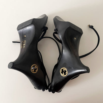 Gucci by Tom Ford 1996 “GG” Black Wood & Velvet Wedge Heels