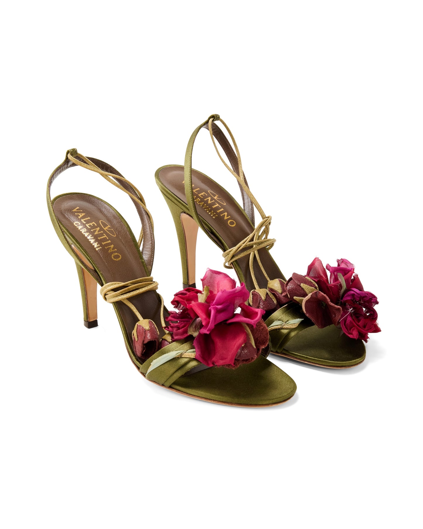 Valentino Green Satin Pink Floral Rosebud Appliqué Strappy Heels