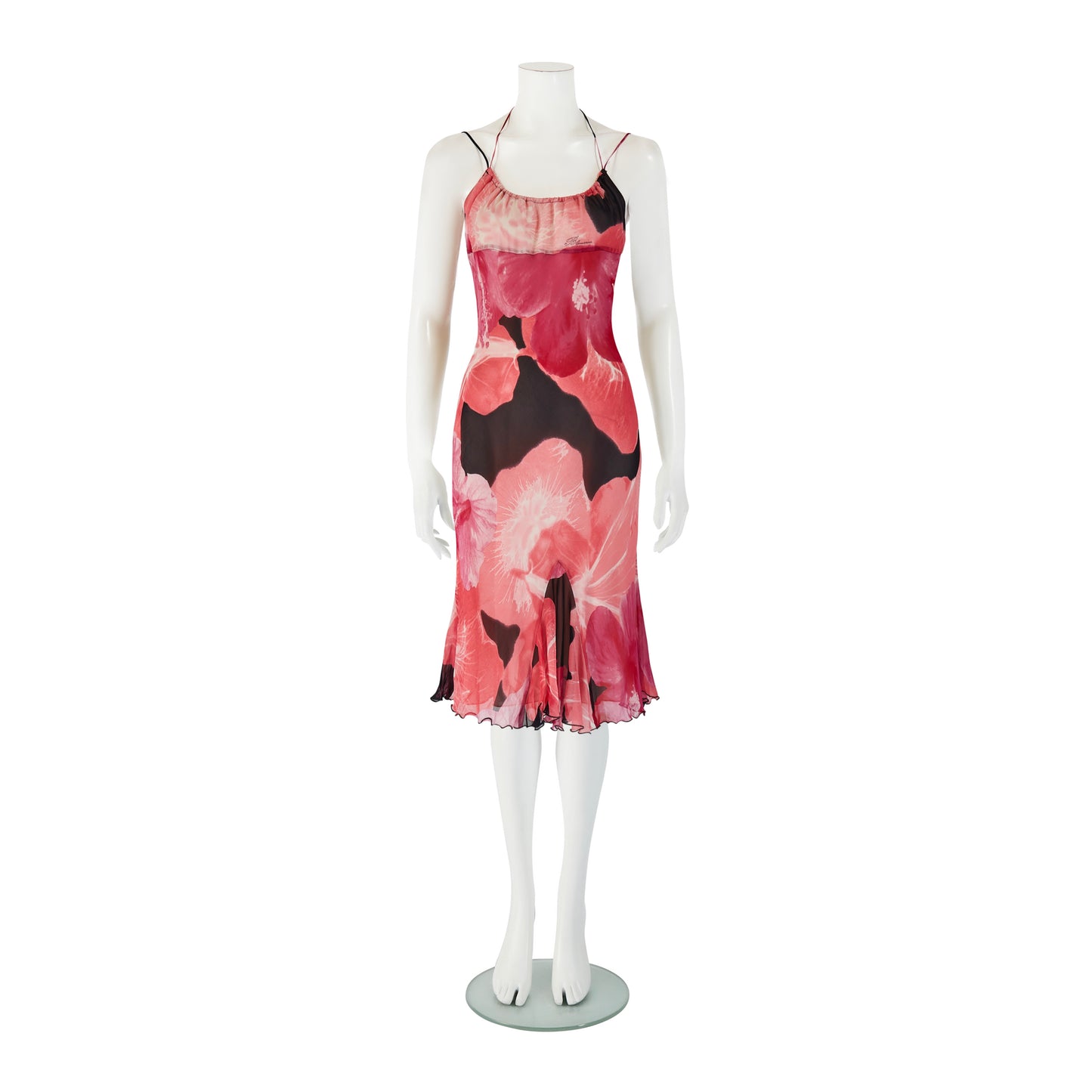 Blumarine S/S 2002 Pink & Black Hibiscus Floral Silk Dress