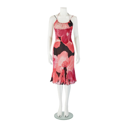 Blumarine S/S 2002 Pink & Black Hibiscus Floral Silk Dress