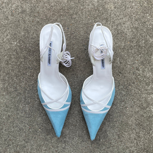 Manolo Blahnik 2000s Blue Pony-hair Slingback Heels