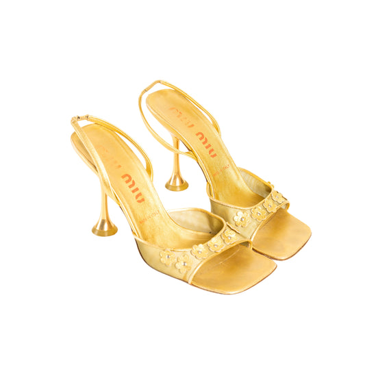 Miu Miu Metallic Gold Mesh Floral Daisy Slingback Heels