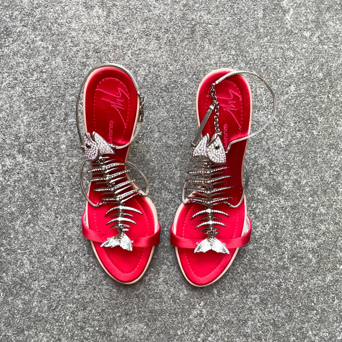 RARE Giuseppe Zanotti Red & Silver Rhinestone Encrusted Fishbone Heels