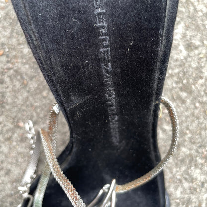 RARE Giuseppe Zanotti Rhinestone Fishbone Black Satin Sandal Heels