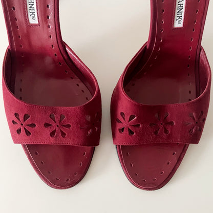 Manolo Blahnik Red Suede Floral Eyelet Laser Cut Sandal Heels