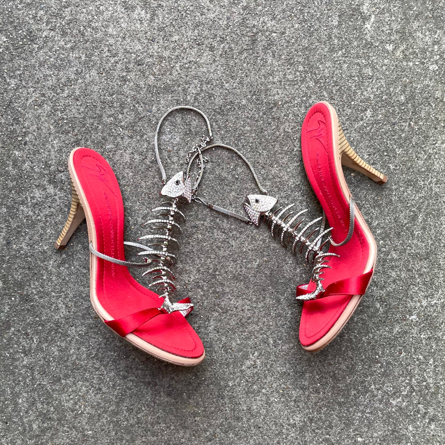 RARE Giuseppe Zanotti Red & Silver Rhinestone Encrusted Fishbone Heels