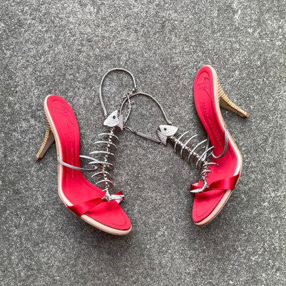 RARE Giuseppe Zanotti Red & Silver Rhinestone Encrusted Fishbone Heels