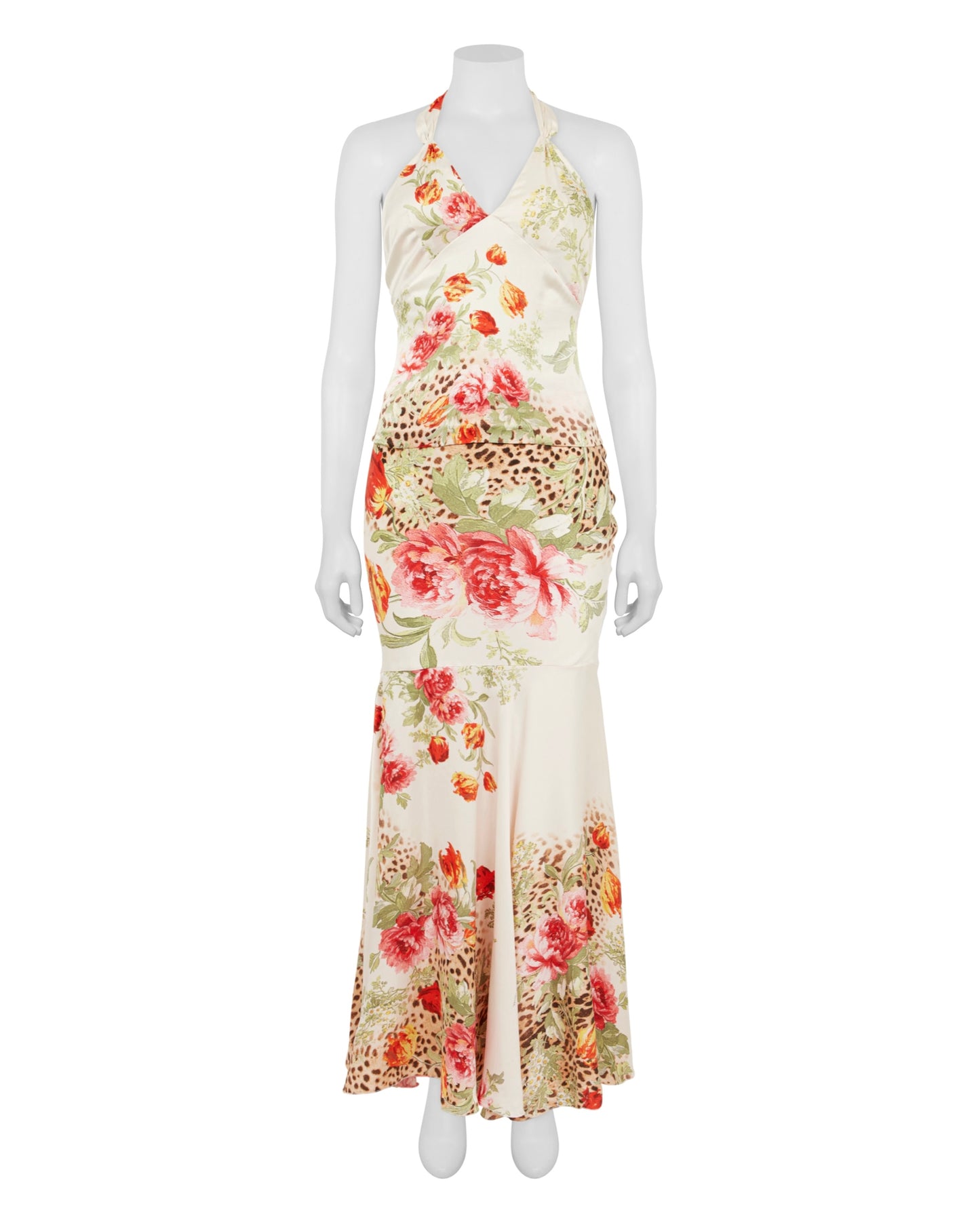 Roberto Cavalli S/S 2003 Floral Leopard Silk Top & Skirt Set