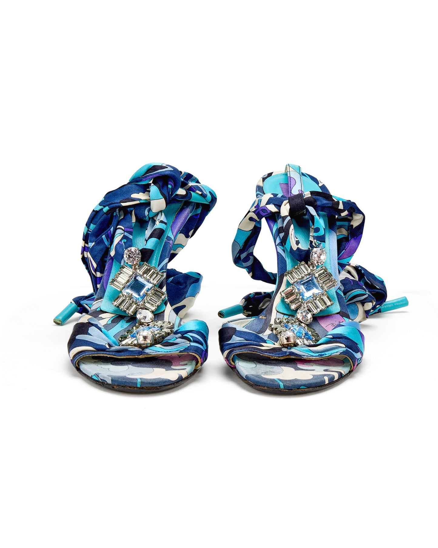 Emilio Pucci Blue Silk & Silver Jewel Wrap Heels