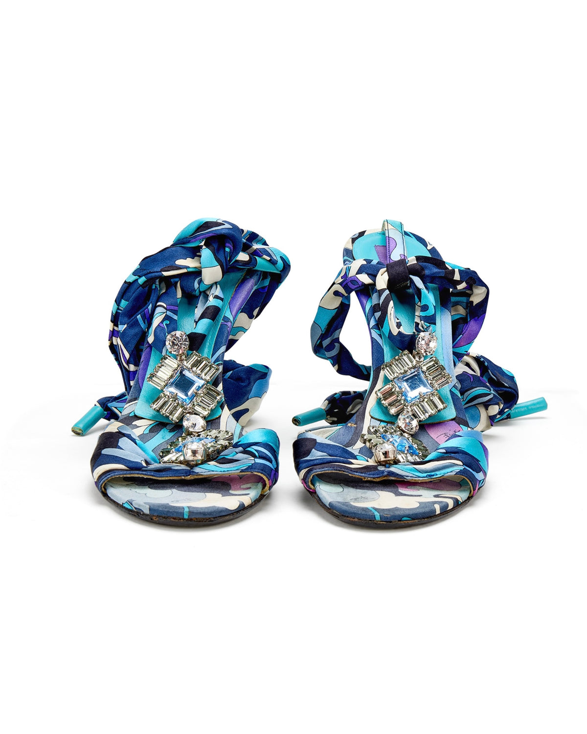 2000s Blue Silk & Silver Abstract Print Jewel Wrap Heels