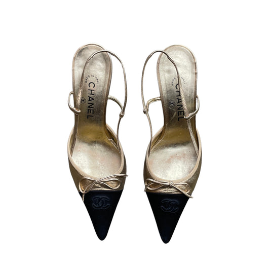 CHANEL ‘CC’ Gold Leather Black Satin Cap Toe Slingback Heels
