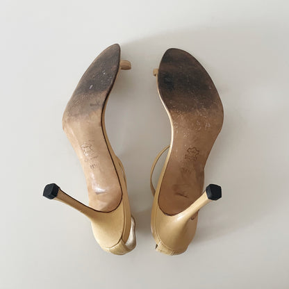 Manolo Blahnik Nude Leather Ankle Strap Sandal Heels