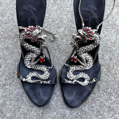 RARE Giuseppe Zanotti Silver & Red Dragon Black Satin Heels