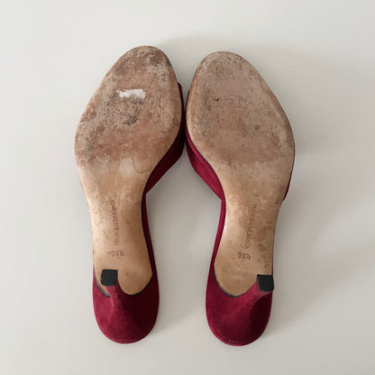 Manolo Blahnik Red Suede Floral Eyelet Laser Cut Sandal Heels