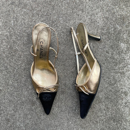 CHANEL ‘CC’ Gold Leather Black Satin Cap Toe Slingback Heels