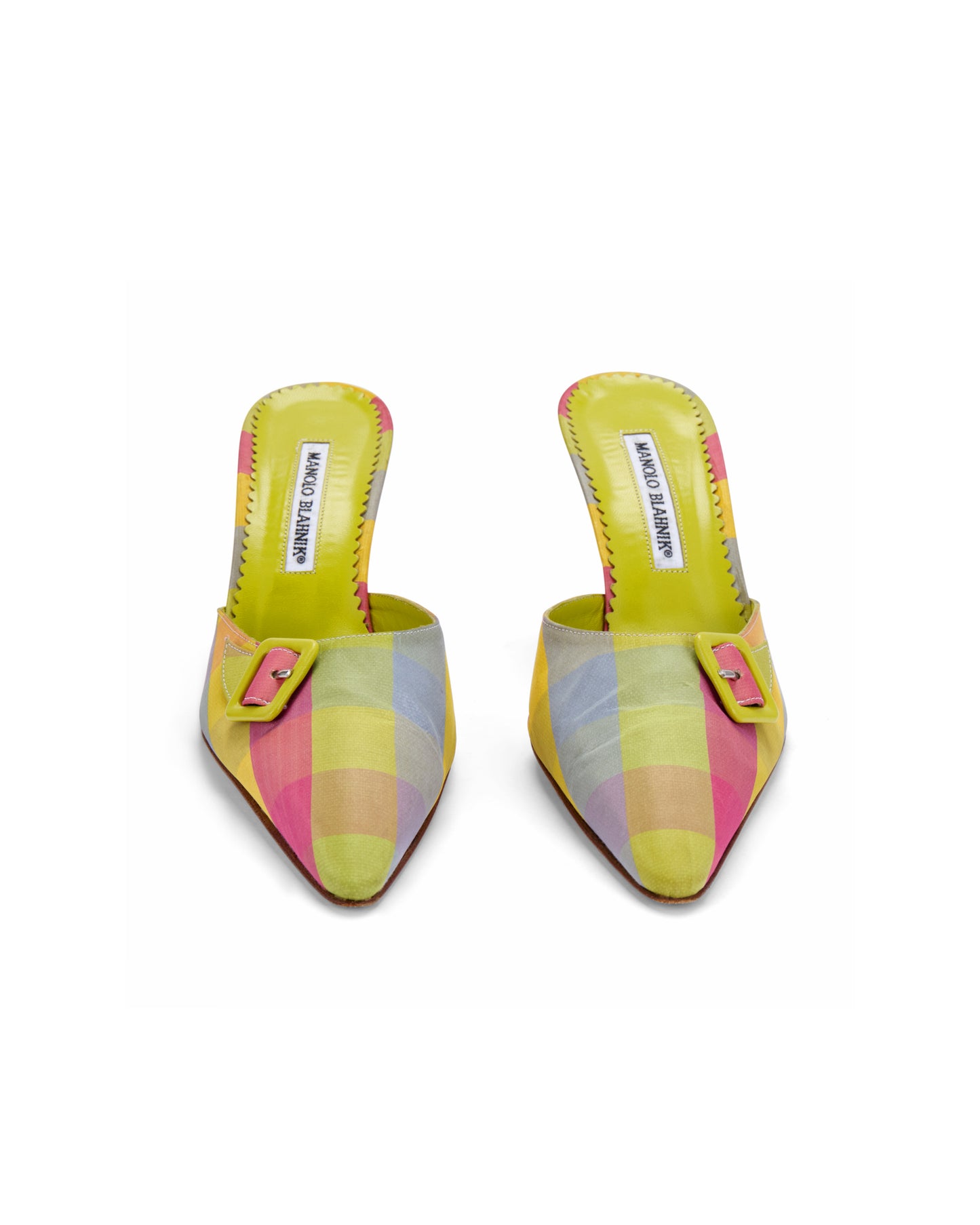 Manolo Blahnik Multicolour Plaid Buckle Mule Heels