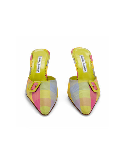 Manolo Blahnik Multicolour Plaid Buckle Mule Heels