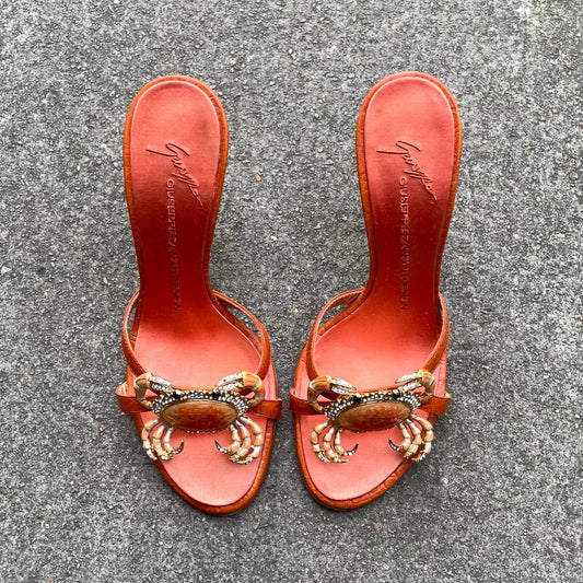 EXTREMELY RARE Giuseppe Zanotti Vintage Crystal Rhinestone Encrusted Orange Crab Sandal Heels