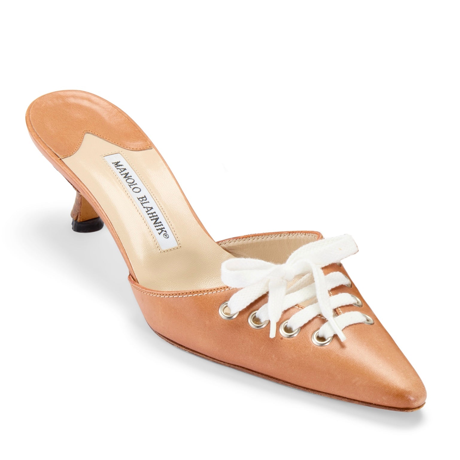 manolo blahnik brown tan leather sneaker lace up baseball football sporty vintage mule heels IT 39 US 9 UK 6