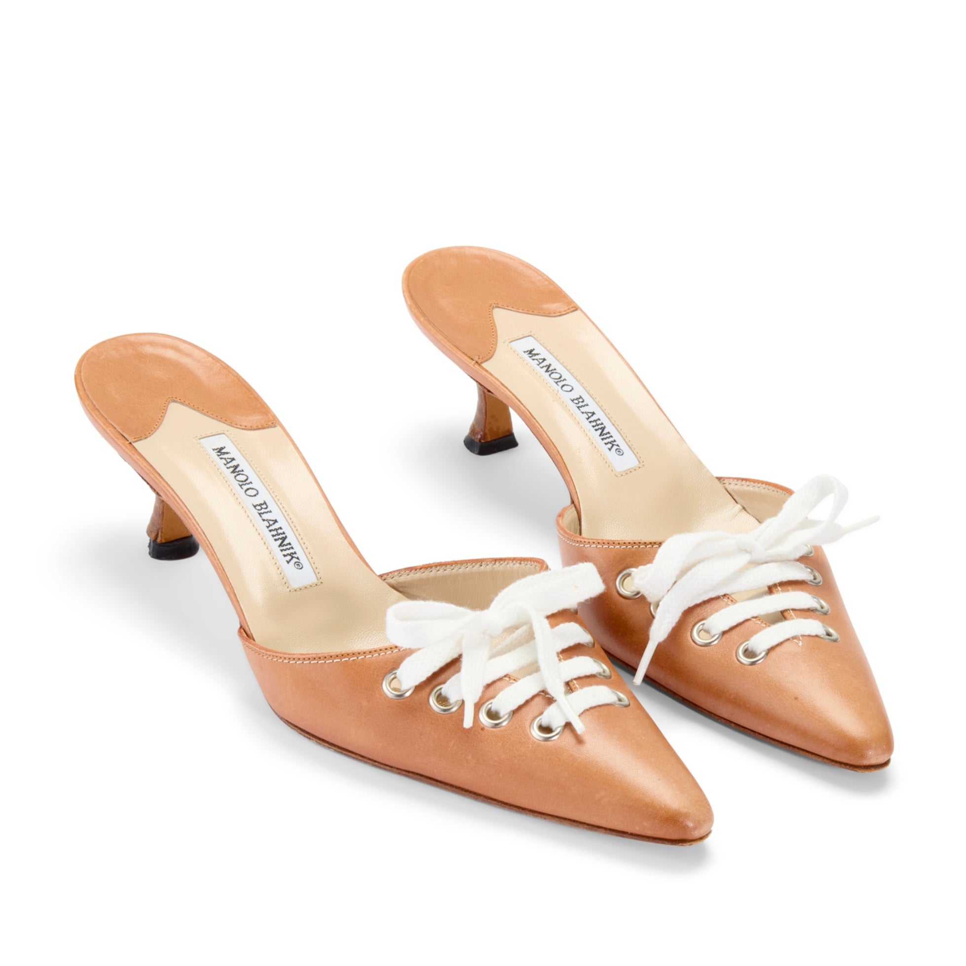 manolo blahnik brown tan leather sneaker lace up baseball football sporty vintage mule heels IT 39 US 9 UK 6