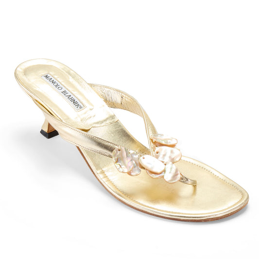 manolo blahnik gold leather seashell pearl summer sandal heels vintage IT 40 US 10 UK 7