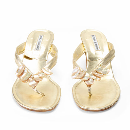 manolo blahnik gold leather seashell pearl summer sandal heels vintage IT 40 US 10 UK 7