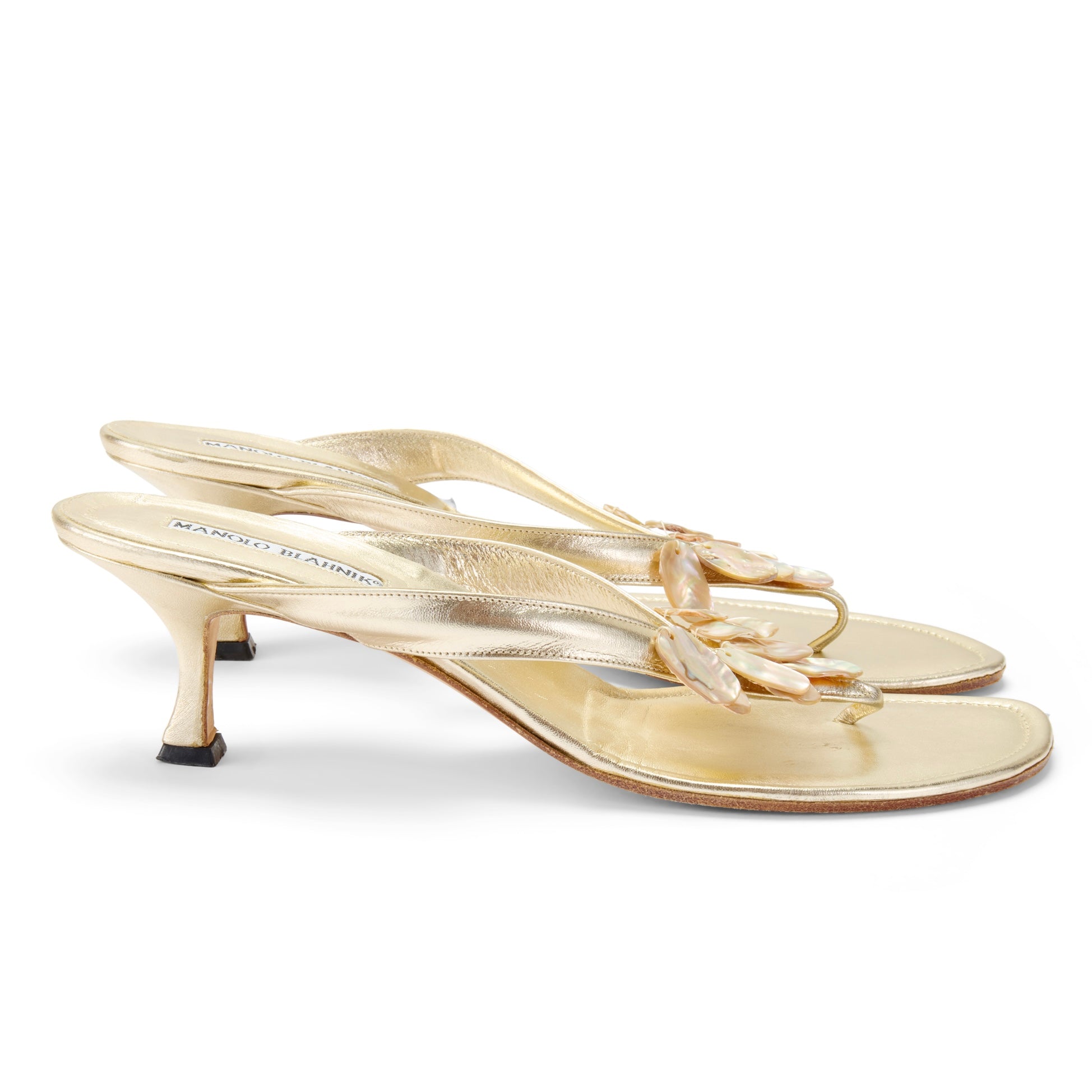 manolo blahnik gold leather seashell pearl summer sandal heels vintage IT 40 US 10 UK 7