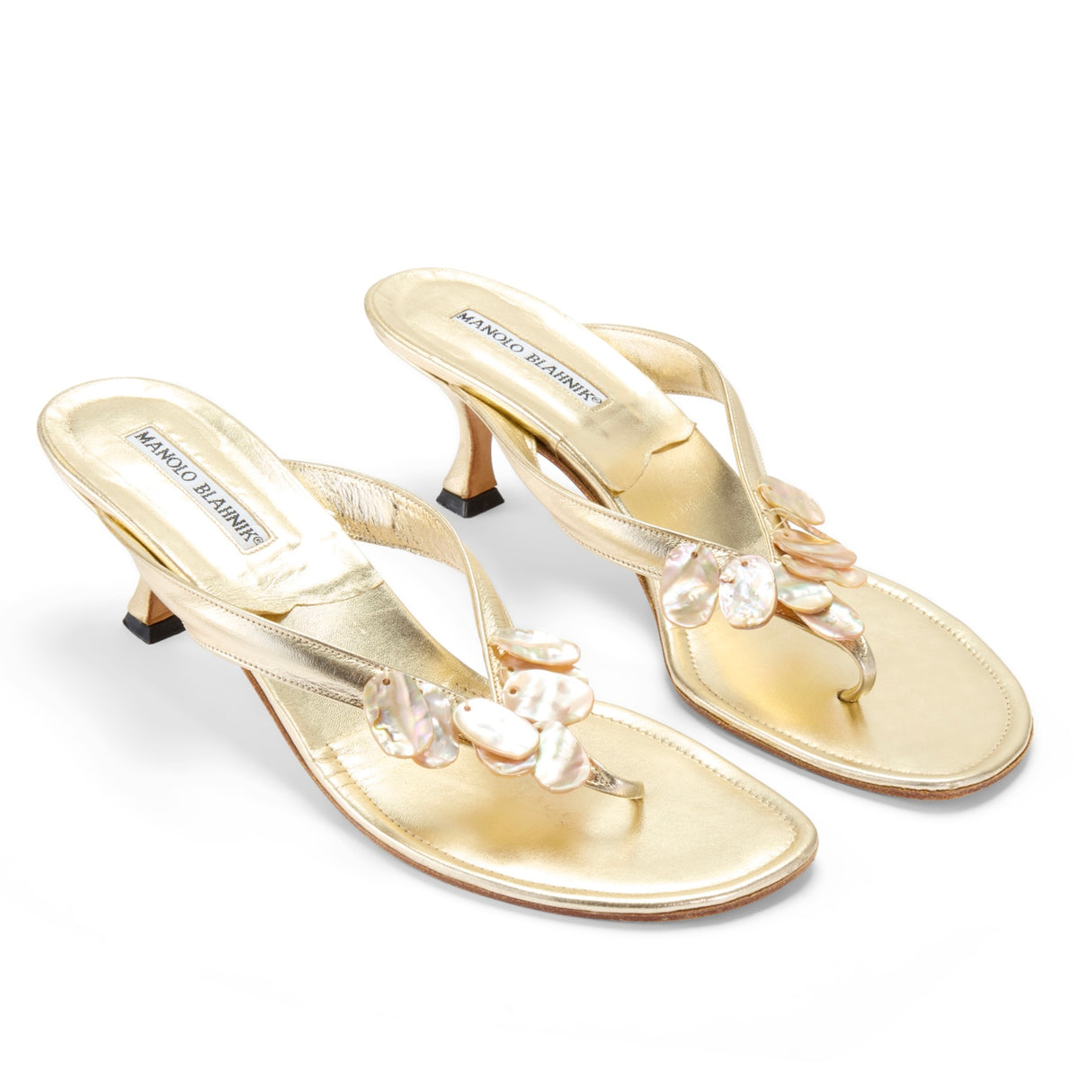 manolo blahnik gold leather seashell pearl summer sandal heels vintage IT 40 US 10 UK 7