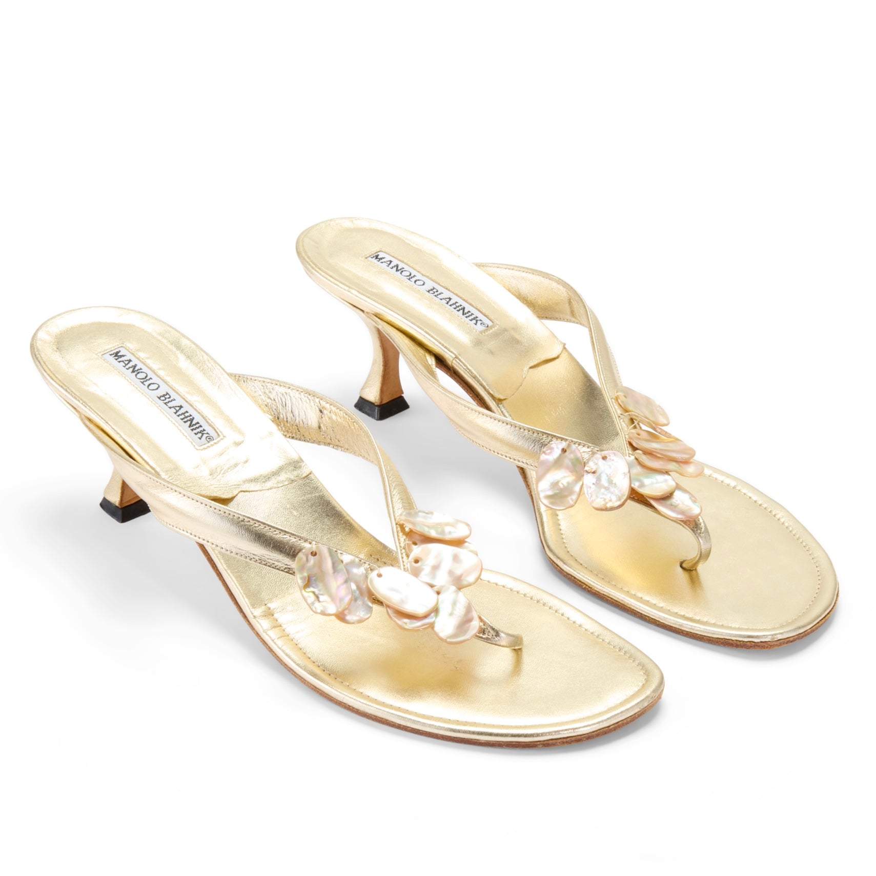 manolo blahnik gold leather seashell pearl summer sandal heels vintage IT 40 US 10 UK 7