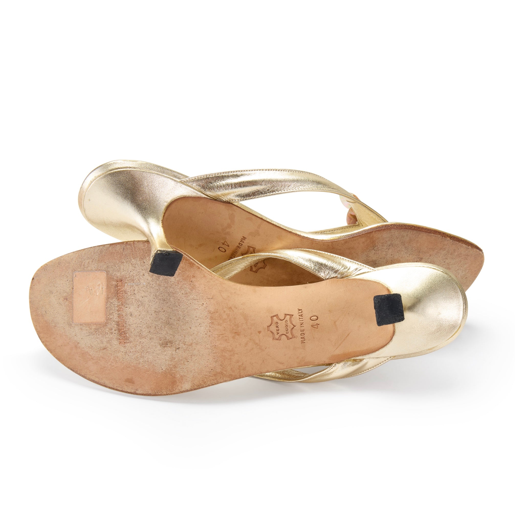 manolo blahnik gold leather seashell pearl summer sandal heels vintage IT 40 US 10 UK 7