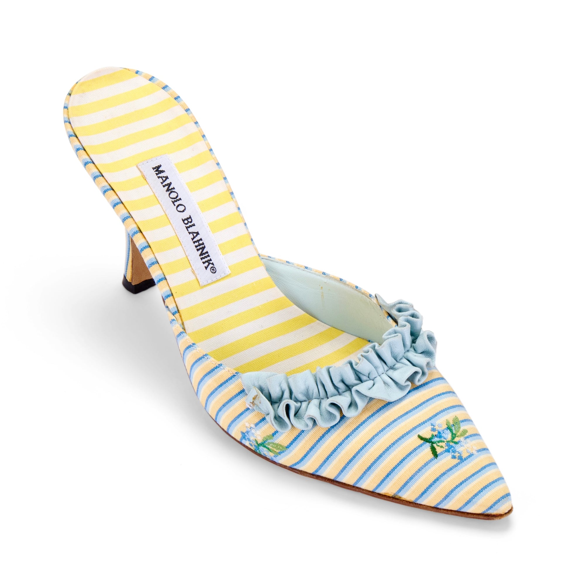 manolo blahnik marie antoinette yellow blue baroque vintage heels