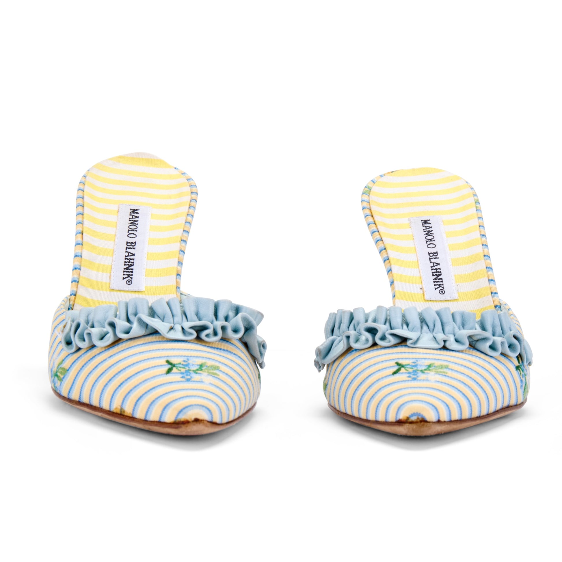 manolo blahnik marie antoinette yellow blue baroque vintage heels