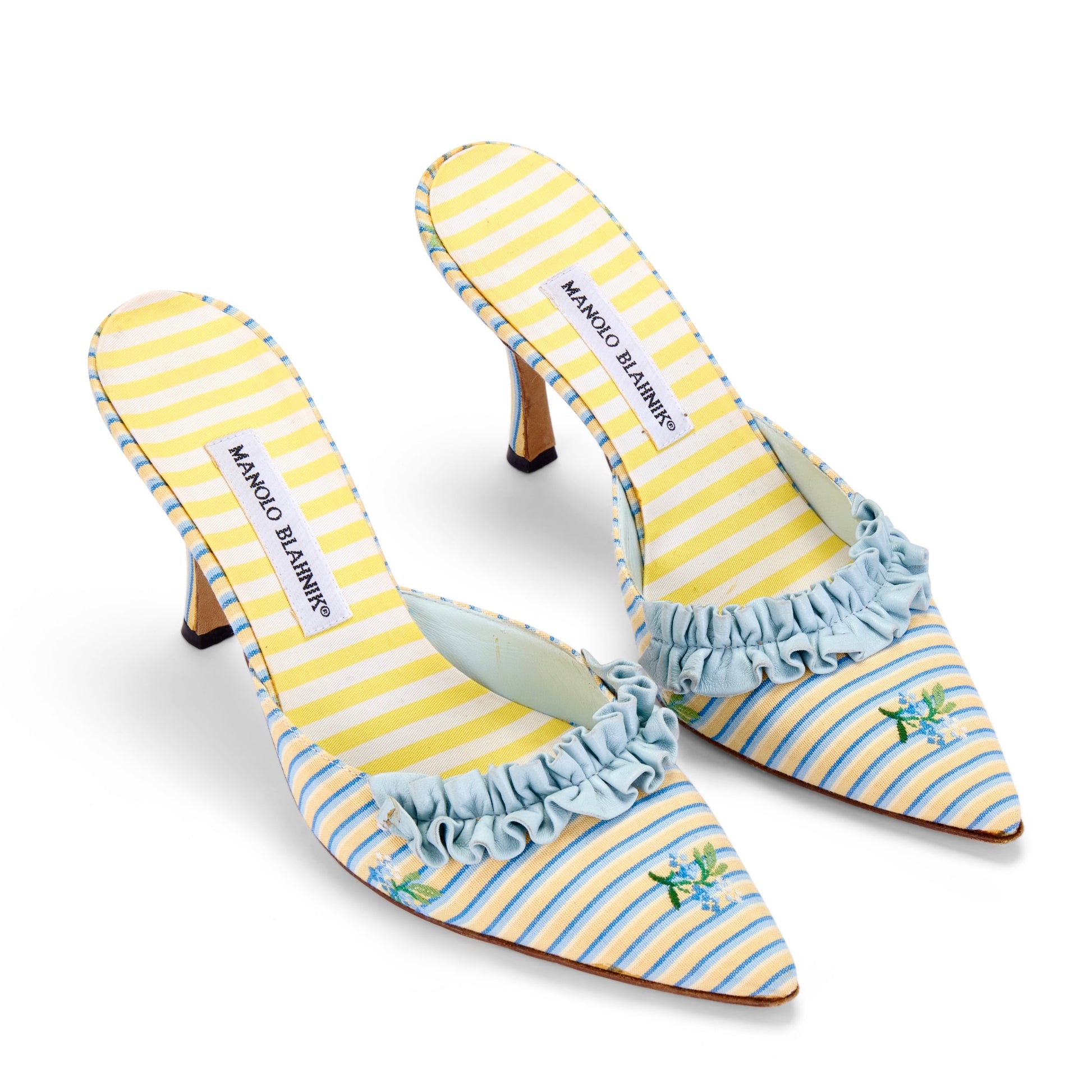 manolo blahnik marie antoinette yellow blue baroque vintage heels