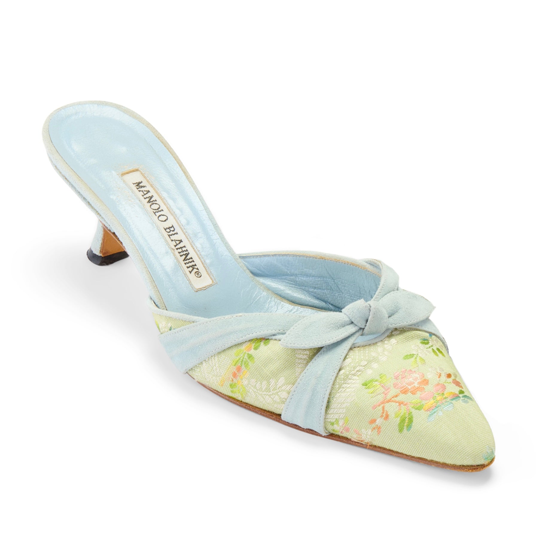 manolo blahnik 2000s vintage blue green floral bow baroque marie antoinette floral mule heels IT 36.5 US 6.5 UK 3.5